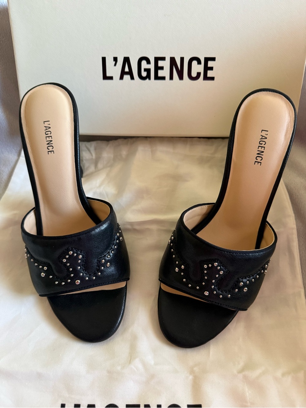 L'AGENCE Black Leather Studded
Open Toe Slip-On Mule Heels
Women's 7.5